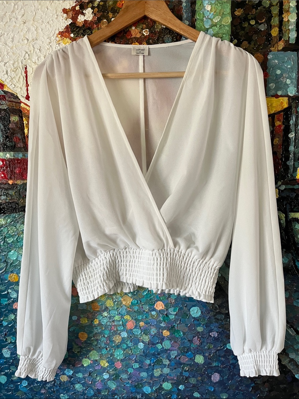 Wilfred Aritzia Reign White Smocked Waist Long Sleeve Top Blouse Size M